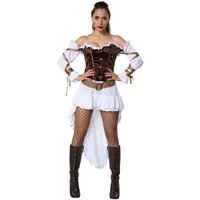 dressforfun Kostüm Kriegerin/Wächterin, Gr. M, Gürtel und transparente Schulterträger, in braun/weiß, Oberteil mit angenähten Metallhaken und Goldketten