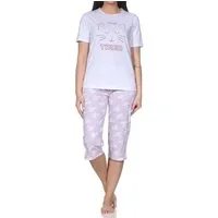 Normann Pyjama Normann Damen kurzarm Schlafanzug mit Caprihose und Katzenmotiv