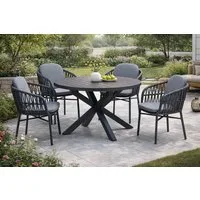 Destiny Garten-Essgruppe COMO ARONA Essgruppe 4 Se + Ausziehtisch Ø120/170 cm grau/anthr., (Set, 4 Stapelsessel inkl. Polster, 1 Tisch mit Synchronauszug), Aluminium, Rope