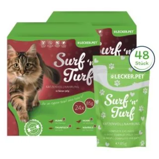 Lyra Pet Lecker.Pet Surf'n'Turf Pouches Katzenfutter in feiner Jelly Nassfutter 4er Mix Multipack 8 Stück