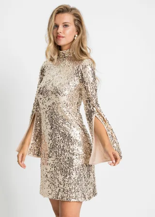 bonprix Paillettenkleid mit Trompeten-Ärmel, gold, Gr.32/34 (XS), Umwerfendes Partykleid mit toller Passform