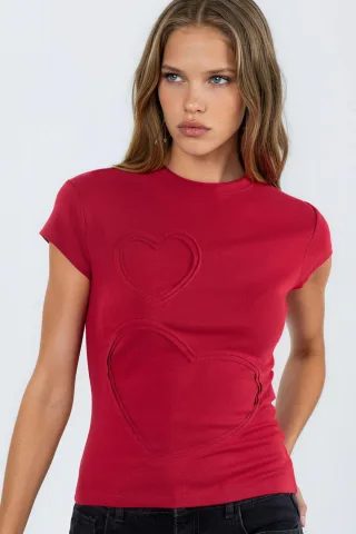 Besticktes Herzdruck Rundhals-T-Shirt