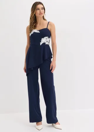 bonprix Overall mit Trägern und Spitzen-Applikation, blau, Gr.54, Modern und feminin: Overall aus strukturiertem Crepe mit Trägern, Spitzen-Applikation und einem asymmetrischem Schößchen