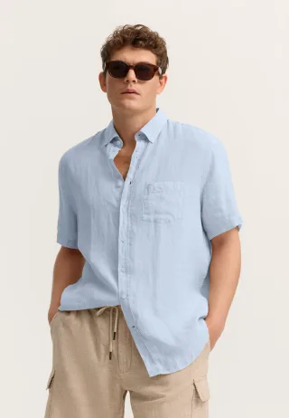 Bugatti Herren Kurzarm-Hemd Modern Fit aus Leinen mit Button-Down-Kragen