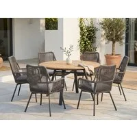 Lesli Living Garten-Essgruppe "Monza" Rund Ø120cm + 4 oder 6 Geflecht-Stühlen, Teakholz, Aluminium, (5-tlg), Sitzkissen, Geflochten, Scandi / Skandi - Boho, Gartenmöbel-Set, Rope