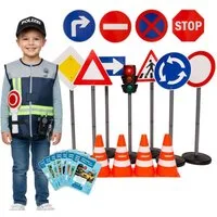 alldoro Spiel-Verkehrszeichen XXL Verkehrsset + Polizei Rollenspielset für Kinder ab 3 Jahre, Polizei Verkleidung mit Accessoires + Ampel, 10 Schilder & 4 Pylonen