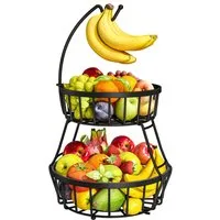 POPOLIC Obstschale 2-stöckiger Obstkorb aus Metall mit Bananenhaken, abnehmbar & belüftet