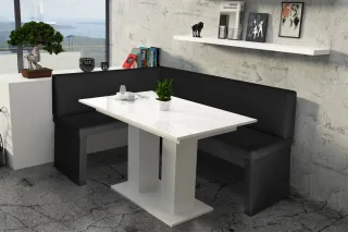 Eckbankgruppe 168x128 cm ROBIN R Schwarz / Esstisch DANTE Weiss HGL