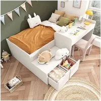 Odikalo Kinderbett 90x200 mit Schreibtisch und Stauraum (Kinderbett, Massiveholz Einzelbett mit Schreibtisch und Schubladen, 90 x 200 cm, weiß, Stauraumbett mit Lattenrost, für Jungen & Mädchen (Ohne Matratze)