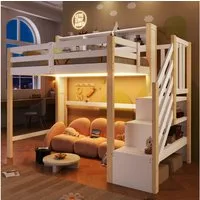 Merax Hochbett mit LED-Beleuchtung (1-St., Massivholz Jugendbett Einzelbett) Kinderbett 90x200cm mit Stauraumtreppe, Lagerregalen & Staufächern
