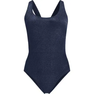 Glitzer-Komfort-Badeanzug mit gekreuzten Trägern, hohes Bein, Damen,  Blau, Elasthan/Nylon-Mischung, by Lands' End