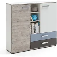 Lomadox Kommode LEEDS-10, Sandeiche Nb./weiß/Lava/Denim 116,9x105x33 cm