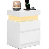 VASAGLE Nachttisch mit Steckdosen, Schiebedeckel, 2 Schubladen und LED-Beleuchtung, moderner Beistelltisch, 1er/2er Set