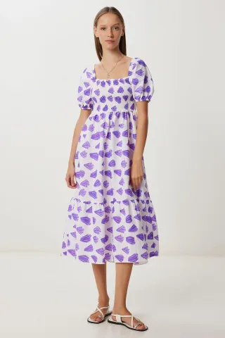 Rüschen-Affekt-Print A-Linien Midi Kleid mit quadratischem Kragen