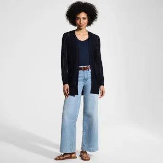 Langer offener Soft Flow Ajour-Cardigan aus Leinenmix, Damen,  Blau, Baumwolle/Leinen/Lyocell (Viskose), by Lands' End