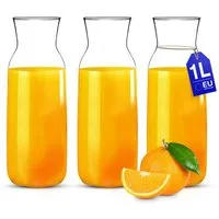 KONZEPT Wasserkaraffe Karaffe Glaskaraffe Transparente 1 Liter, (3-tlg), ideal für Wasser, Saft, Wein, Limonade, Coctails und Milch