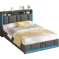MSMASK Polsterbett mit Steckdosen & LED Beleuchtung, Stauraum und Kopfteil, 150×205 cm, Dunkelgrau, mit Stauraum & LED Beleuchtung