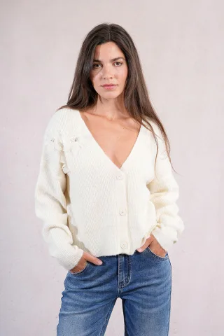 molly bracken - Strickjacke mit Blumen weiß - Gr. - XL