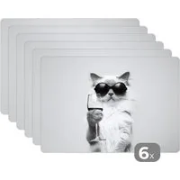 MuchoWow Platzset Katze - Sonnenbrille - Weinglas - Langhaarig, (6-St), Platzsets, Tischset, Abwaschbar, Tischsets, Platzdeckchen