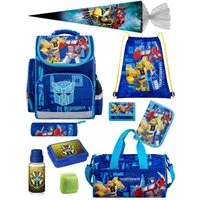 Familando Schulranzen Transformers 1.-4. Klasse ergonomisch, leicht, Volumen 15 Liter (Set, 10-tlg., inkl. Sporttasche und Schultüte / Zuckertüte 85cm), Transformers Bumblebee & Optimus Prime Motiv