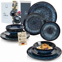 SÄNGER Tafelservice Tokio Geschirrset (12-tlg), 4 Personen, Steingut, Blau Schwarz, Handmade, Premium Collection