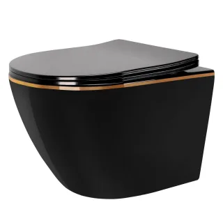 Neuesbad Wand-WC Set spülrandlos (rimless) CARLO Mini Rimless Duroplast Flat Black Gold Edge NB1RE77211