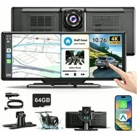 ESSGOO 4K 10.26'' Wireles Carplay Android Auto AutoRadio GPS Navigationsgerät Dashcam (Android Auto, Apple carplay, WiFi, TF Card, 64GB Rom TF Card WiFi,4K-Frontkamera/10.26" IPS Bildschirm(1600*600)
