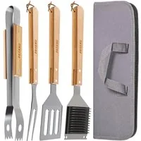 Praknu Grillbesteck-Set mit Holzgriffen und Tragetasche - Hitzebeständig, Rostfrei und Robust, (4-teiliges Set, 4 tlg., 1x Grillzange, Grillwender, Grillgabel, Grillbürste, Tragetasche), Lange Griffe (38cm), Spülmaschinenfest, inkl. Aufbewahrungstasc