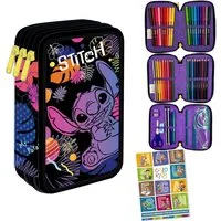 GOLDKIDS Federmäppchen 3 Fächer - Mäppchen für Mädchen und Jungen -, (Federmappe 3-Fach Federtasche, Gefüllte Schüleretui 46-teilig), Schulmäppchen und Hausaufgabenheft - Stitch Motiv