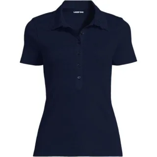 Feinripp-Poloshirt mit Lochmusterkragen, Damen,  Blau, Baumwoll-Mischung, by Lands' End