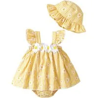 Gluckids Strampler Baby-Mädchen-Set aus Strampler, ärmellosem Rüschenkleid und Hut (Set, 2-tlg) mit Karomuster und Blumenmuster, süße und casual Kleidung