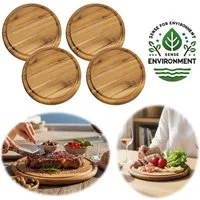 LS-LebenStil Servierbrett 4x Holz Fleischteller Servierteller 25cm Akazie Rund Schneidebrett, Holz, (Set - 4 Stück - Schneidebrett mit Saftrille Vesperbrett Brotzeitbrett, 4-St., Vesperbrett Servierteller Pizzateller Käsebrett Holzbrett)