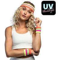 Boland Kostüm Schweißbänder Neon UV 3er Set Stirnband 2 Armbänder für 80er Party, Neonfarben UV-aktiv leuchtet unter Schwarzlicht