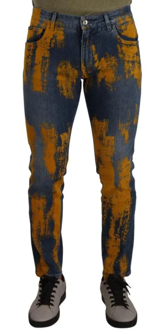 Dolce & Gabbana Blau Gelbe Färbung Baumwoll Slim Fit Herren Denim Jeans