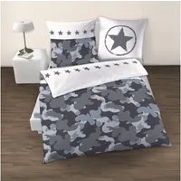 MTOnlinehandel Bettwäsche Camouflage 135x200 + 80x80 cm, 100 % Baumwolle, Biber, 2 teilig, Sterne & Camo, Militär Army Tarnlook in schwarz, grau & anthrazit