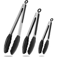 HUGERSTONE Servierzange Grillzange Edelstahl, Küchenzange mit Silikonlaffen und Aufhängeöse, 3er Set Kochpinzette Länge: 21.4/26.2/34.5cm, Hitzebeständig bis 230°C