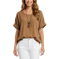 dy_mode Kurzarmbluse Damen Kurzarm Bluse Leichte Sommer Tunika Baumwollbluse Oberteil in Unifarbe, mit passende Kette
