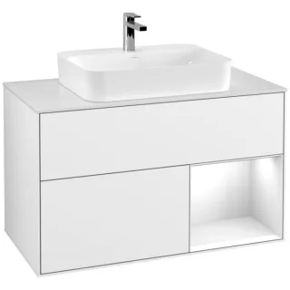 Villeroy und Boch Finion Waschtischunterschrank F371GFGF 100cm, Abdeckplatte white matt, Regal rechts Glossy white lacquer, Glossy white lacquer