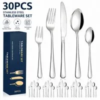 ibettertec Besteck-Set 30-teiliges Edelstahl Besteckset Spülmaschinenfest, 36 Personen, Modern Silber für 6 Personen