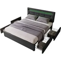Flieks Polsterbett, LED-Beleuchtung Doppelbett 4 Schubladen Leinen 140x200cm