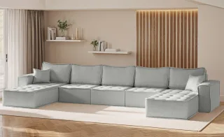 Wohnlandschaft Sofa U-Form Modulsofa-Set 5-teilig SANDE Stoff Alpine Hellgrau