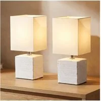 Reality Leuchten Tischleuchte, Leuchtmittel nicht inklusive, 2er Set Tischleuchte Keramik antik weiß Stoffschirm Tischlampe H 29cm
