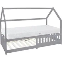 ML-DESIGN Spielbett Hausbett Kinderbett inkl. Lattenrost kreativ Bodenbett für Kinder, Abenteuerbett mit Rausfallschutz Kiefer Hellgrau Himmelbett Bettenhaus