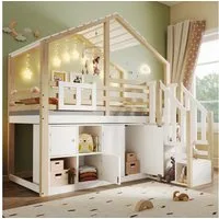 Flieks Hochbett Kinderbett 90x200cm Hausform mit Stauraumtreppe und Stauraumfächer