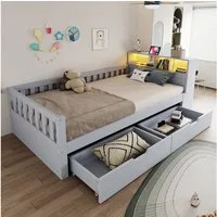 Flieks Holzbett, Kinderbett Einzelbett 90×200cm mit Schubladen, Lichtleiste, Aufladen
