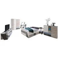 Lomadox Jugendzimmer-Set LEEDS-10, (Sparset, 6-tlg), Sandeiche Nachbildung mit weiß Lava und Denim Blau