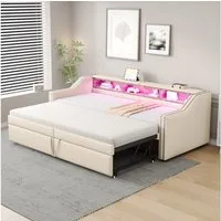 Flieks Daybett, Ausziehbares Polsterbett Schlafsofa 90/180x200cm mit USB-Laden