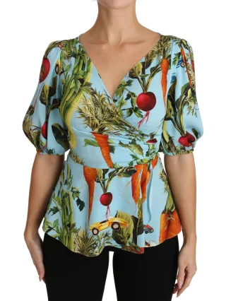 Dolce & Gabbana Mehrfarbiges Gemüsedruck-Seiden-Top Peplum Wickelbluse