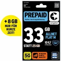 Congstar Prepaid ALLNET M, SIM-Karte ohne Vertrag, 5G mit 25 Mbit/s Prepaidkarte, (EU-Roaming inkl. CH, 10 € Startguthaben)