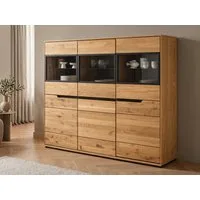 Massivart® Highboard 153 cm Breite Massivholz Wildeiche geölt »ARAYA«, 3 Glastüren · 3 Drehtüren · 6 Einlegeböden · schwarze Griffmulden